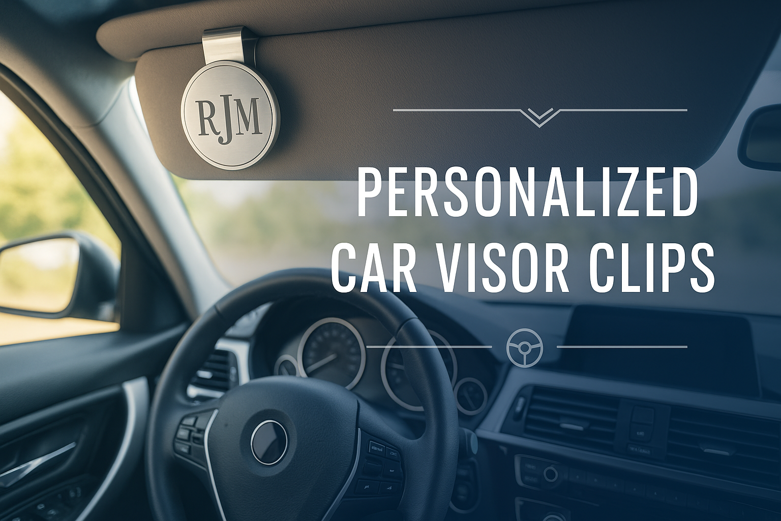 Create a banner for my website on the topic of Personalized Car Visor Clip.
